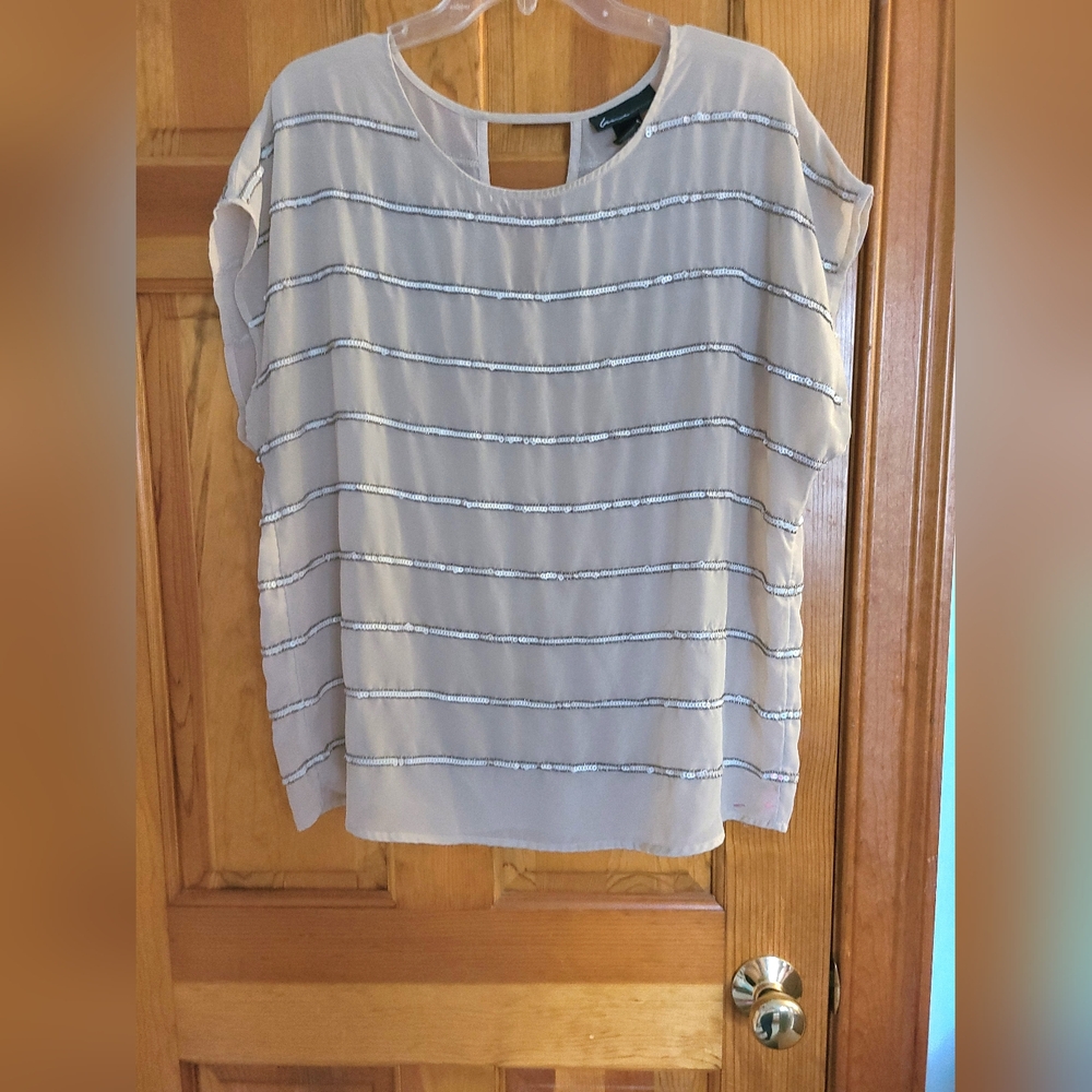 Lane Bryant Short Sleeve Sheer Beaded & Sequin Striped Top size 14/16